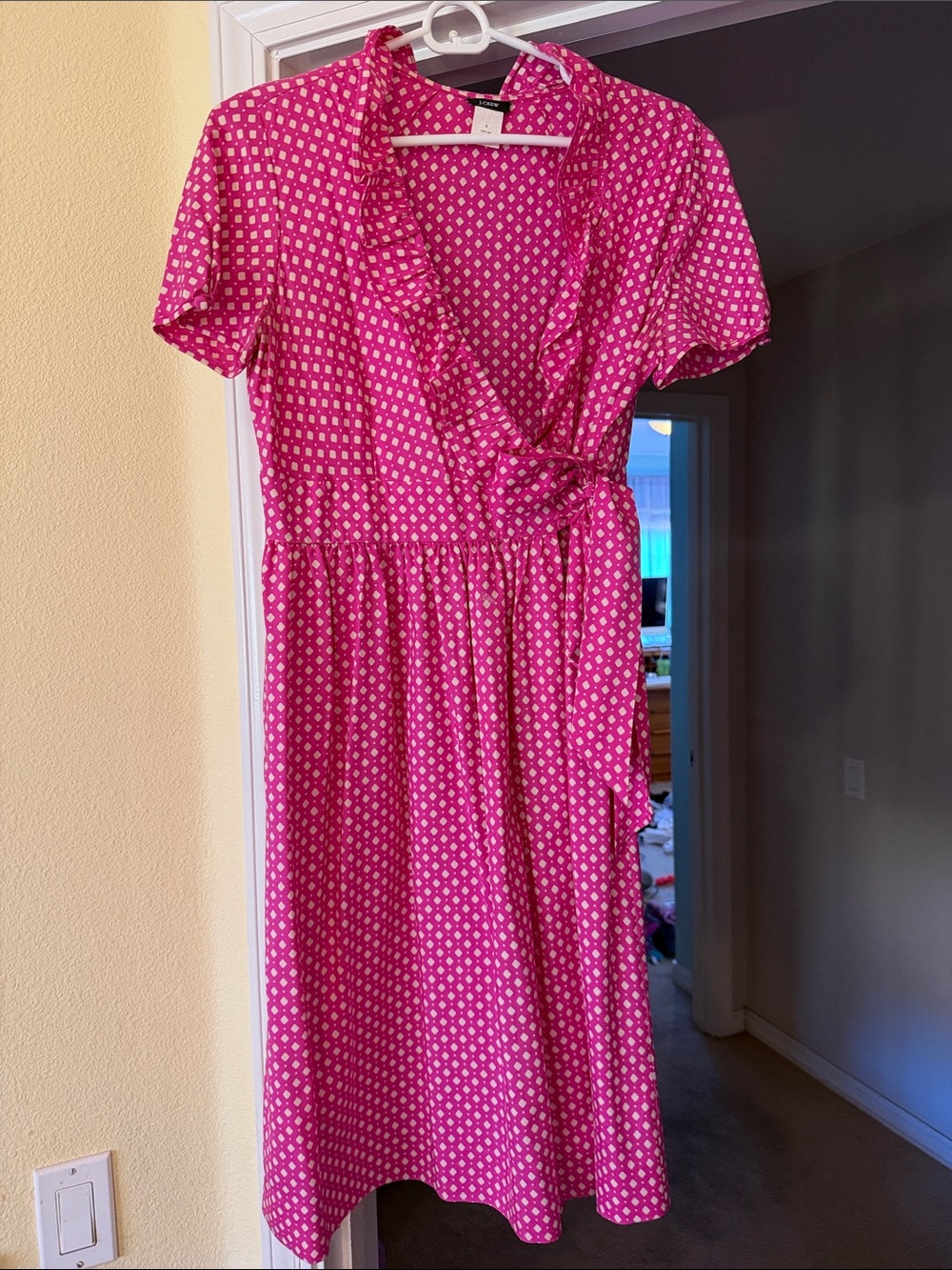 Womenβs 100% Silk J Crew Pink Wrap Dress with Dot Print